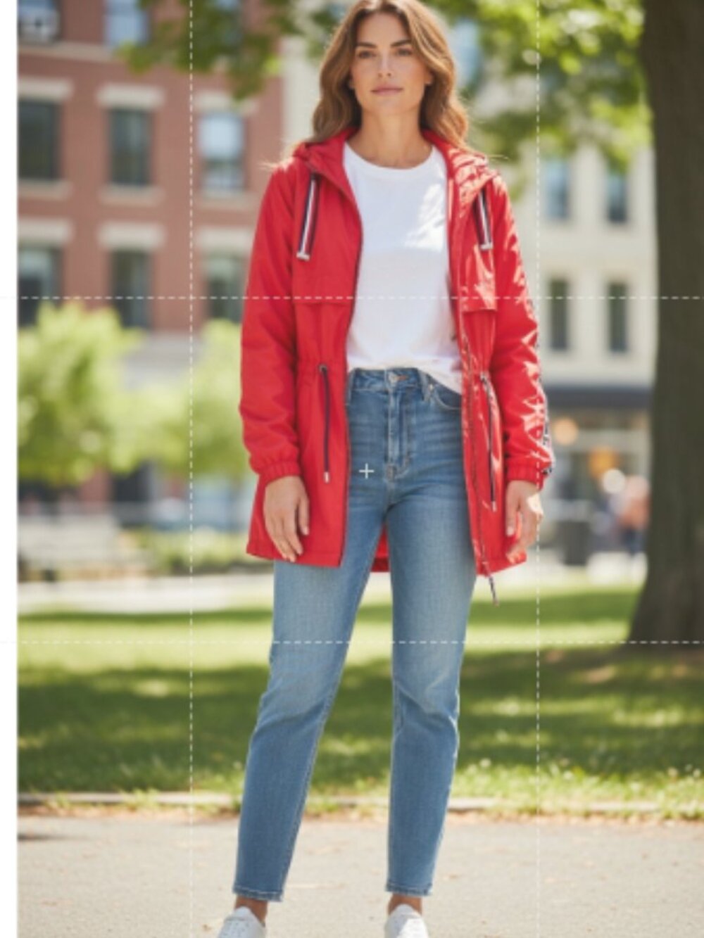 Tommy Hilfiger Long Windbreaker Rain Jacket Womens sz M Red Hooded Logo Sleeve